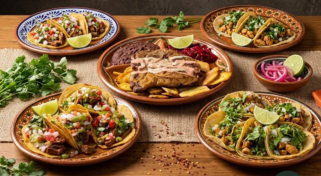 Mesa servida con tacos y asado de chuleta en platos de barro