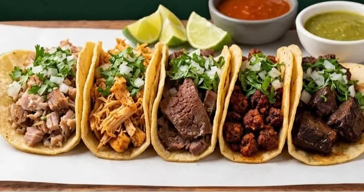 Fila de tacos de cerdo, pollo, res, chorizo y cachete