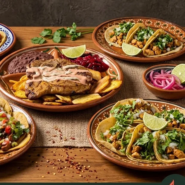 Mesa de George Restaurant con tacos y asado de chuleta